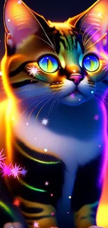 Vibrant neon cat wallpaper with glowing colors and detailed design.