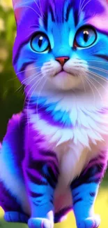 Vibrant neon cat with blue and pink hues in a lush garden setting.