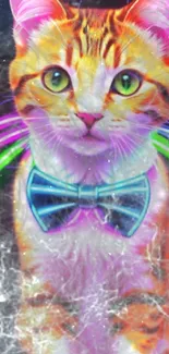 Vibrant neon cat wallpaper with cosmic background.