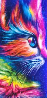 Vibrant neon cat with cosmic background in bright colors.