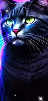 Neon art of a cat with green eyes on a vibrant blue and pink background.