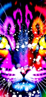 Vibrant neon cat with bright, intricate fur design and hypnotic eyes.