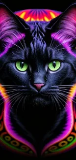 Vibrant neon cat with colorful details and striking green eyes on a dark background.