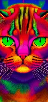 Vibrant neon cat with glowing green eyes in a colorful artistic design.