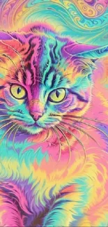 Vibrant neon-colored psychedelic cat design for mobile wallpaper.