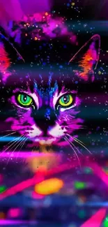 Vivid neon cat with bright green eyes and colorful abstract background.