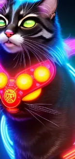 Vibrant neon cat with colorful glow and futuristic design.