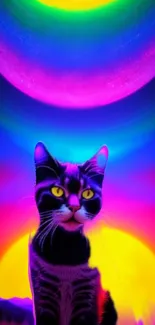 Vibrant neon cat wallpaper with rainbow colors and cosmic background.