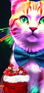 Neon cat with bright colors and gifts, featuring a blue bow tie.