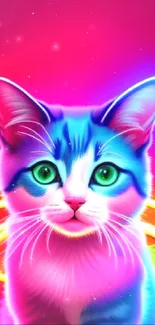 Vibrant neon cat with glowing colors on wallpaper.