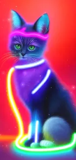 Neon cat with glowing stripes on a red background.