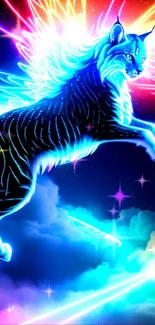 Neon cat with wings in vibrant cosmic background.