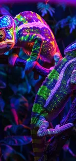 Vibrant neon chameleons glowing under UV light in a jungle setting.