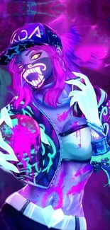 Vibrant neon character with graffiti style in purple tones.