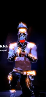 Neon character with a mask and fiery glow on a dark background.