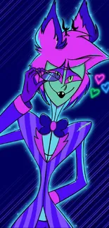 Vibrant neon cartoon character in pink and blue tones.