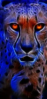 Vibrant neon cheetah with glowing blue and orange hues on a mobile wallpaper.