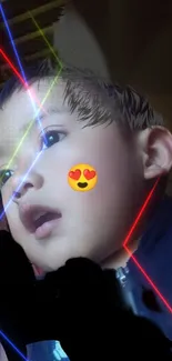 Neon-lit child face with emoji and colorful streaks.