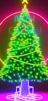 Vibrant neon Christmas tree with glowing lights.