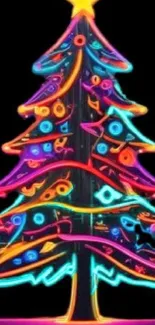 Vibrant neon Christmas tree illustration with colorful lights.