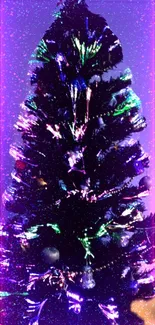 Neon Christmas tree with glowing lights and vibrant purple hues.