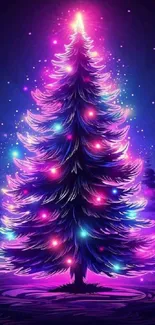 Vibrant neon Christmas tree with glowing lights set against a dark purple background.