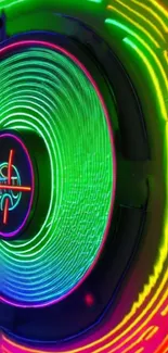 Vibrant neon circle design with glowing patterns.