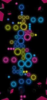 Vibrant neon circles and cubes on a dark background wallpaper.