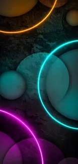 Vibrant neon circles on dark textured background mobile wallpaper.