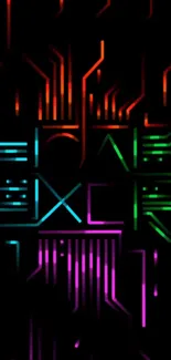 Vibrant neon circuit design with colorful lines on black background.