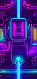 Vibrant blue and purple neon circuit wallpaper design.