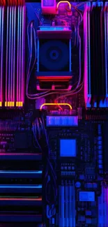 Neon lit motherboard design with vibrant purple and blue hues.