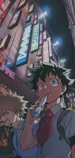 Anime characters in a neon-lit city street background.