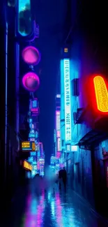 Neon-lit urban street with vibrant colors and bright signs.