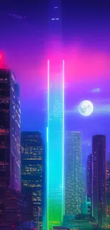 Futuristic neon city skyline with glowing skyscrapers at night.