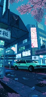 Pixel art of a neon-lit city street with cherry blossoms and a retro car.