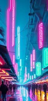 Vibrant urban street with neon lights in pink and blue, creating a cyberpunk atmosphere.