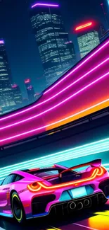 Futuristic sports car in neon cityscape with vibrant lights.