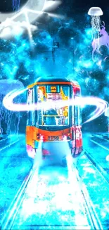 Electric blue tram with neon lights and jellyfish in a surreal cityscape.