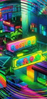 Vibrant and colorful neon cityscape wallpaper for mobile phones.