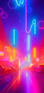 Dynamic neon cityscape with colorful lights.