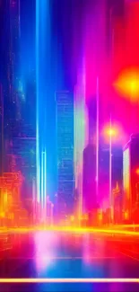 Vibrant neon cityscape with futuristic skyscrapers and colorful glow.