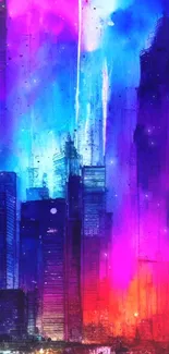 Vibrant abstract cityscape in neon colors.