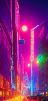 Vibrant neon cityscape with glowing buildings and streets.