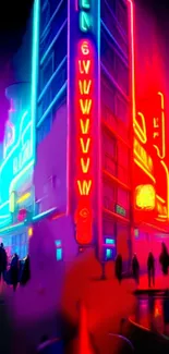 Vibrant neon cityscape with futuristic lights in urban setting.