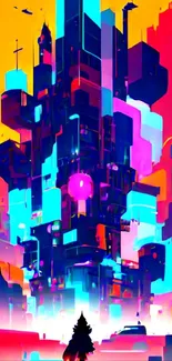 A vibrant neon cityscape with bold colors and futuristic architecture.