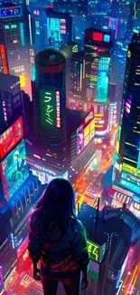 A person overlooking a neon-lit futuristic cityscape at night.