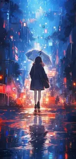 Silhouette with umbrella in a neon-lit city street under rain.