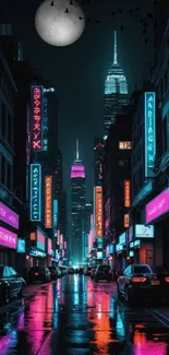 Neon-lit city street at night with moon overhead and vibrant signs glowing.