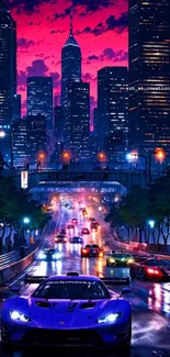 Neon-lit cityscape with sports cars at night.